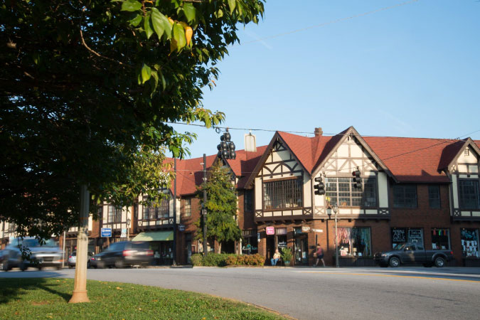 A view of Tudor-style buildings in the Atlanta suburb of Avondale Estates. 