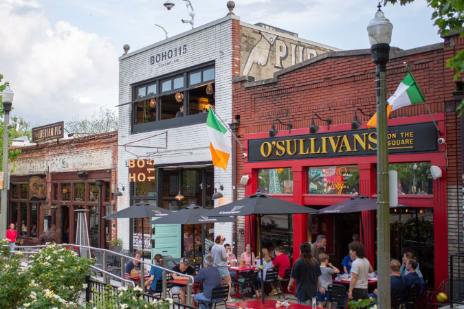 Locals dine al fresco in Decatur Square, the entertainment hub of Decatur, Georgia.