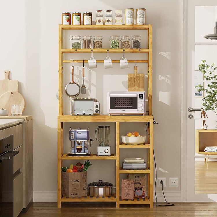 A wooden Baker’s Rack, able to hold a variety of kitchen appliances like a toaster oven, microwave, espresso machine, and blender