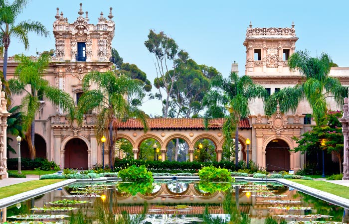 A beautiful view of the architecture in San Diego’s Balboa Park, seen from across a pond.