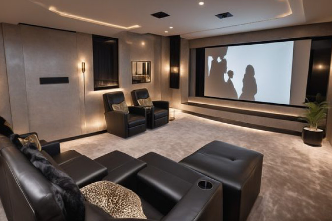 A basement that’s been renovated into a home theater with leather recliners and a large screen.