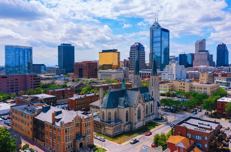 Aerial view of downtown Indianapolis, Indiana, in the summer.