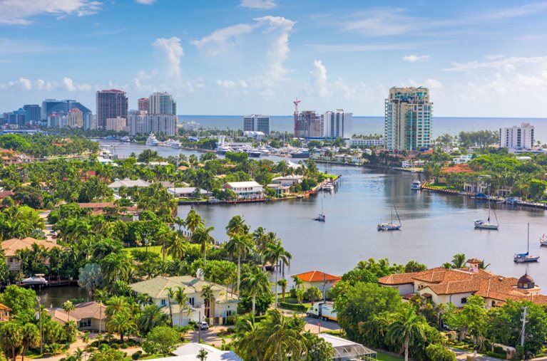 Aerial view of waterfront neighborhoods in Fort Lauderdale, Florida.