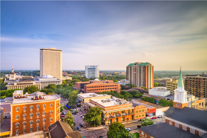 Rooftop view of downtown Tallahassee, Florida, during a summer golden hour.