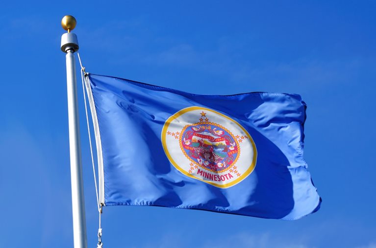 The Minnesota state flag is blowing in the wind at the top of a flagpole in front of a clear, blue sky. The flag is blue with a gold-lined circle in the middle holding the state seal.