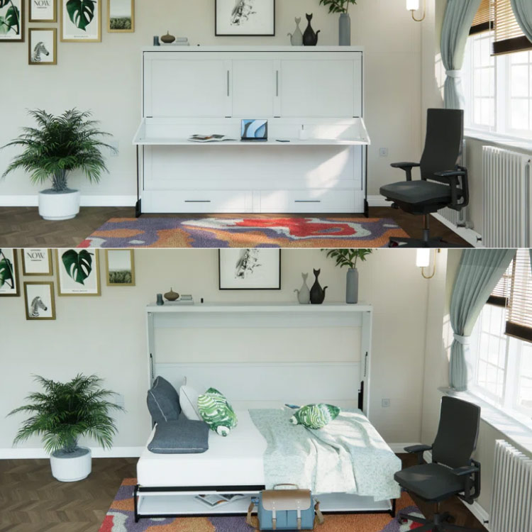 A horizontal Murphy bed from Wayfair is shown in each of its functions: folded up into a desk and opened down into a queen size bed.