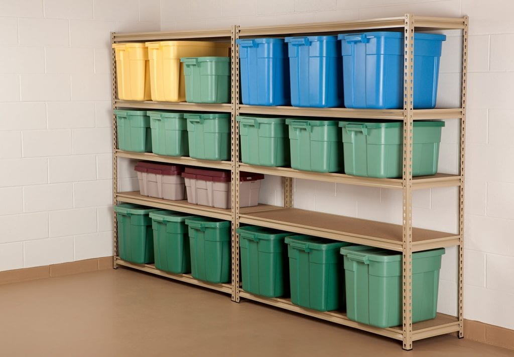 Green, yellow, and blue bins sit in rows in copper color steel storage shelves.