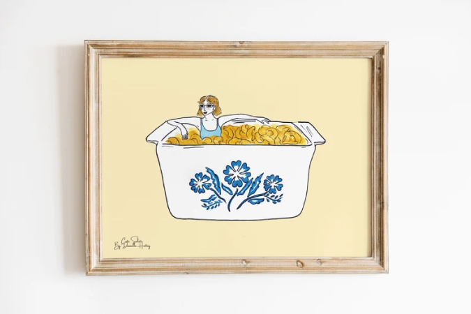 A simple color illustrated print of a woman relaxing in a giant macaroni casserole.