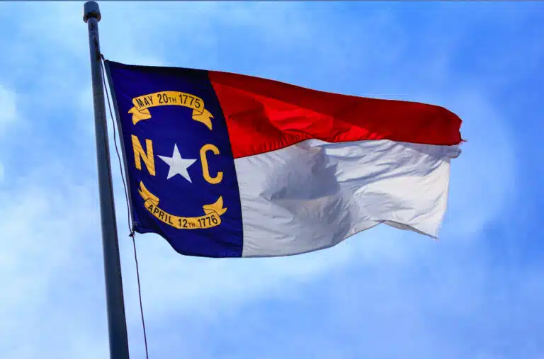 The North Carolina state flag is waving at the top of a simple flag pole