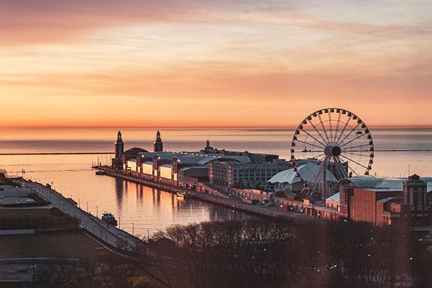 The Chicago pier at sunset. 