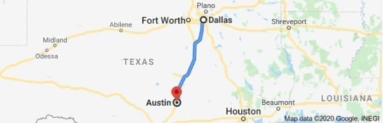 Map form Dallas to Austin
