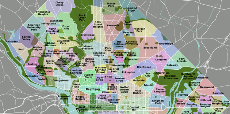 A D.C. neighborhoods map with different colors used to distinguish the neighborhoods.