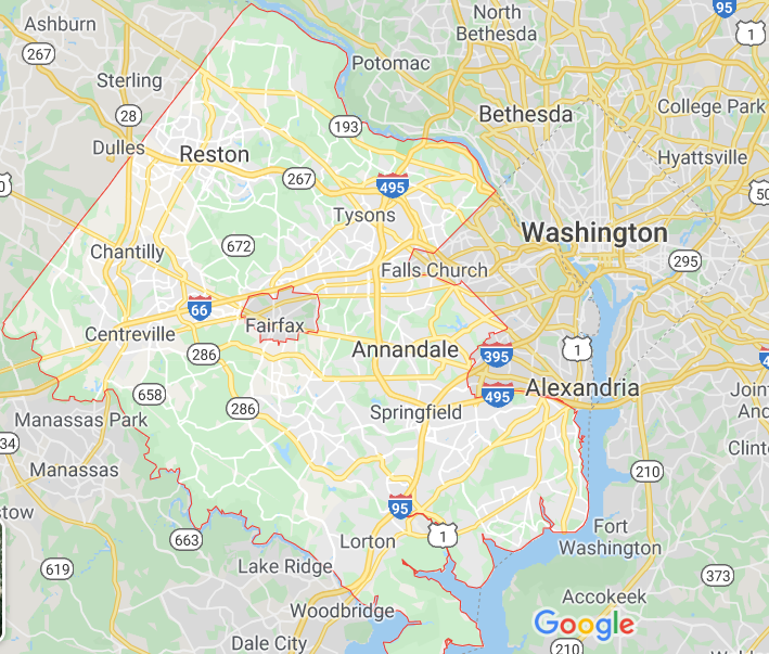A screenshot of a Google map showing Fairfax County, Virginia, outside Washington, D.C.