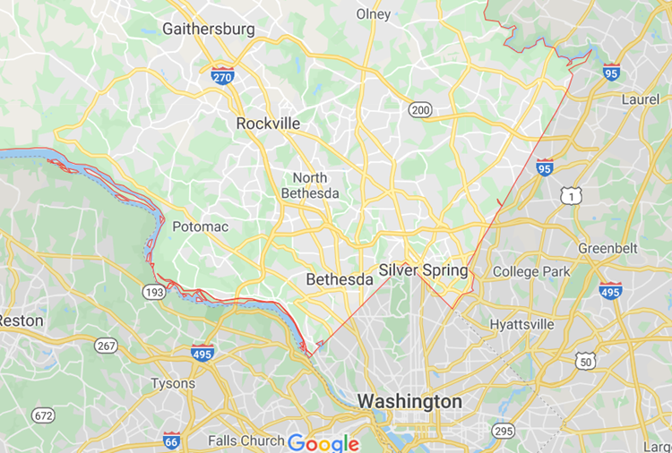 A screenshot of a Google map showing Maryland suburbs outside Washington, D.C. 
