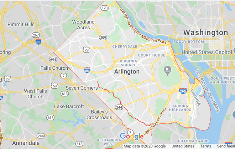 A screenshot of a Google map showing Arlington, Virginia, outside Washington, D.C.