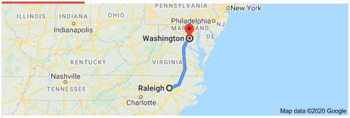 Screenshot of a Google map showing the route from Raleigh, North Carolina, to Washington, DC.