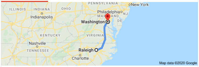 Screenshot of a map showing the route from Raleigh, North Carolina, to Washington, D.C