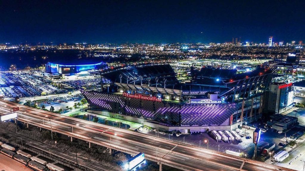 Night view of Lincoln Financial Field, where the NFL Eagles play in Philadelphia.