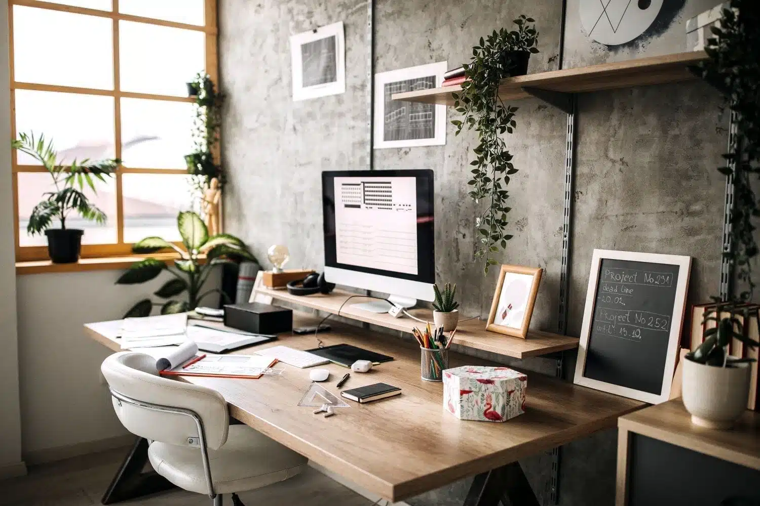 A light and airy home office setup with a desktop monitor and different office supplies, such as papers and pencils. There are various house plants on shelves and in the window. It is sparsely decorated but functional and a pleasant-looking place to work from home.
