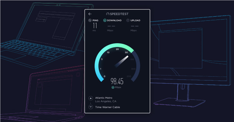 A graphic showing an example of an internet speed test result for download speed. Outlines of laptop and desktop computers are faintly visible in the background.