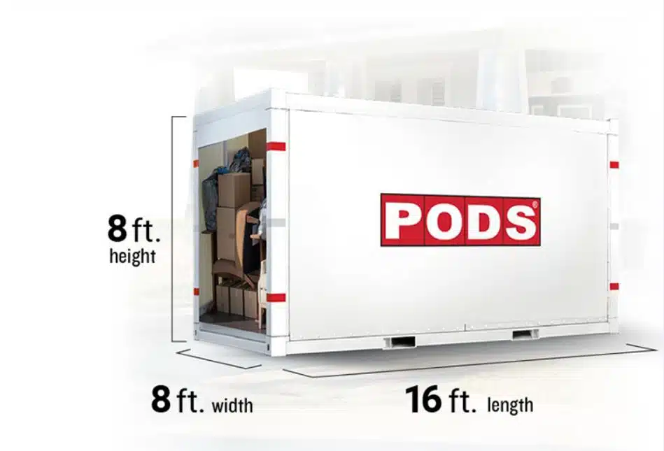 A graphic of a PODS 16-foot moving container with dimensions noted for depth, width, and height.