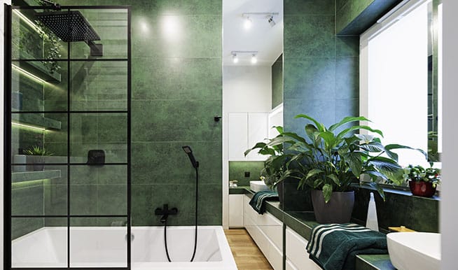 A beautiful, green walk-in shower. Plants in the window sill give the space a natural feel, and the white contrast keeps the area feeling fresh.