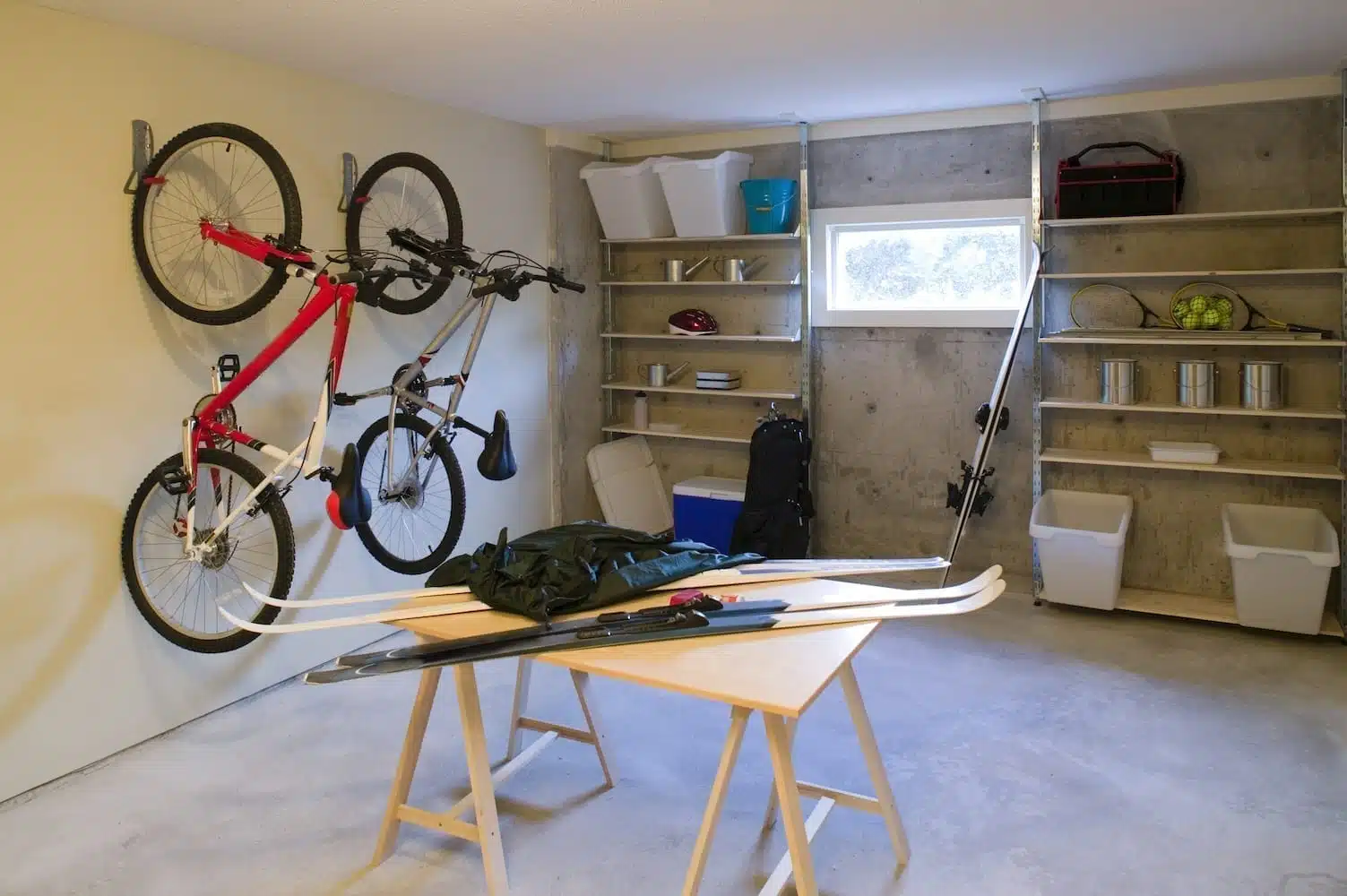 Bikes hanging vertically on a garage wall. There are shelves on the back wall with a window and items on the shelves. There is a table in the center of the garage with skis on it.