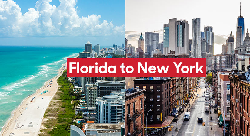 A split image showing Miami Beach, Florida, on the left and New York City on the right. The overlaid text reads, “Florida to New York.”