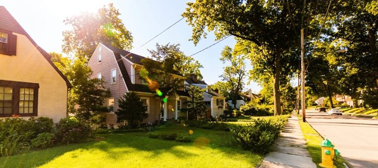 Street-level view of a neighborhood in New Rochelle, New York.  The homes are two stories and feature green lawns on a tree-lined street.