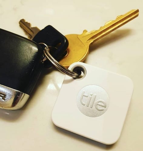 A set of keys with a Tile Mate tracker