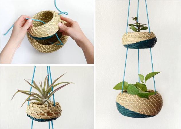 Custom hanging planters made from IKEA’s FRYKEN basket set.