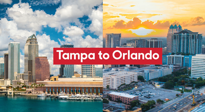 A split image showing the Tampa skyline on the left and the Orlando skyline on the right. The overlaid text reads, “Tampa to Orlando.”
