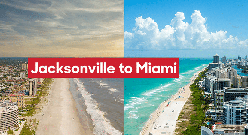A split image showing Jacksonville Beach on the left and South Beach Miami on the right. The overlaid text reads, “Jacksonville to Miami.”