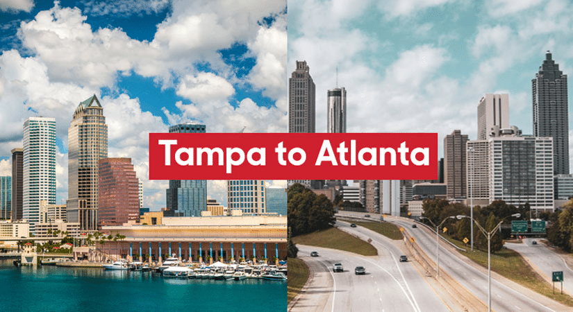 A split image showing the Tampa skyline on the left and the Atlanta skyline on the right. The overlaid text reads, “Tampa to Atlanta.”
