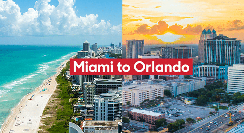 A split image showing the Miami skyline on the left and the Orlando skyline on the right. The overlaid text reads, “MIami to Orlando.”