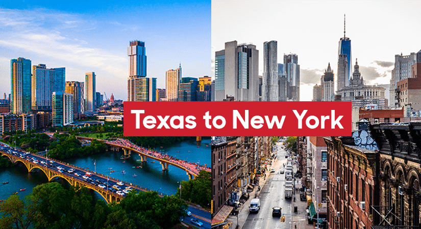 A split image showing the Austin, Texas, skyline on the left and New York City on the right. The overlaid text reads “Texas to New York.”