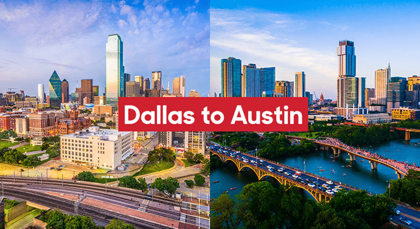 A split image showing Dallas, Texas, on the left and Austin, Texas, on the right. The overlaid text reads “Dallas to Austin.”