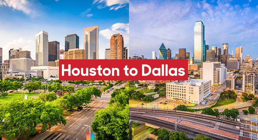 A split image showing Houston, Texas, on the left and Dallas, Texas, on the right. The overlaid text reads “Houston to Dallas.”