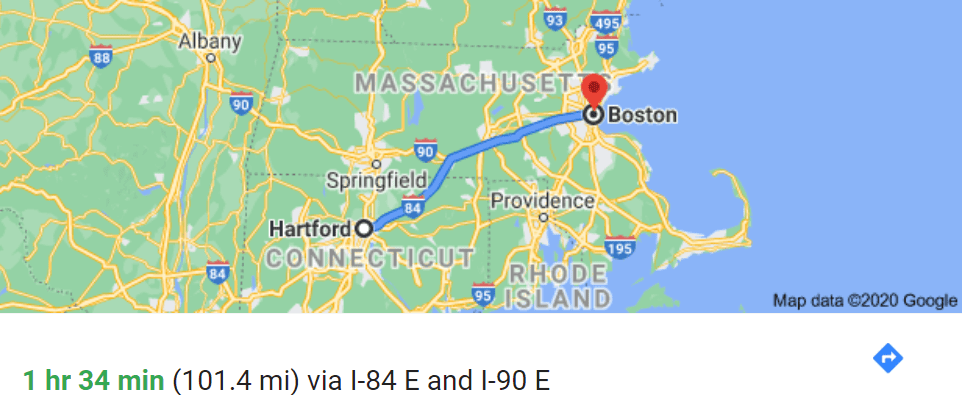 Drive map from Hartford, CT to Boston, MA