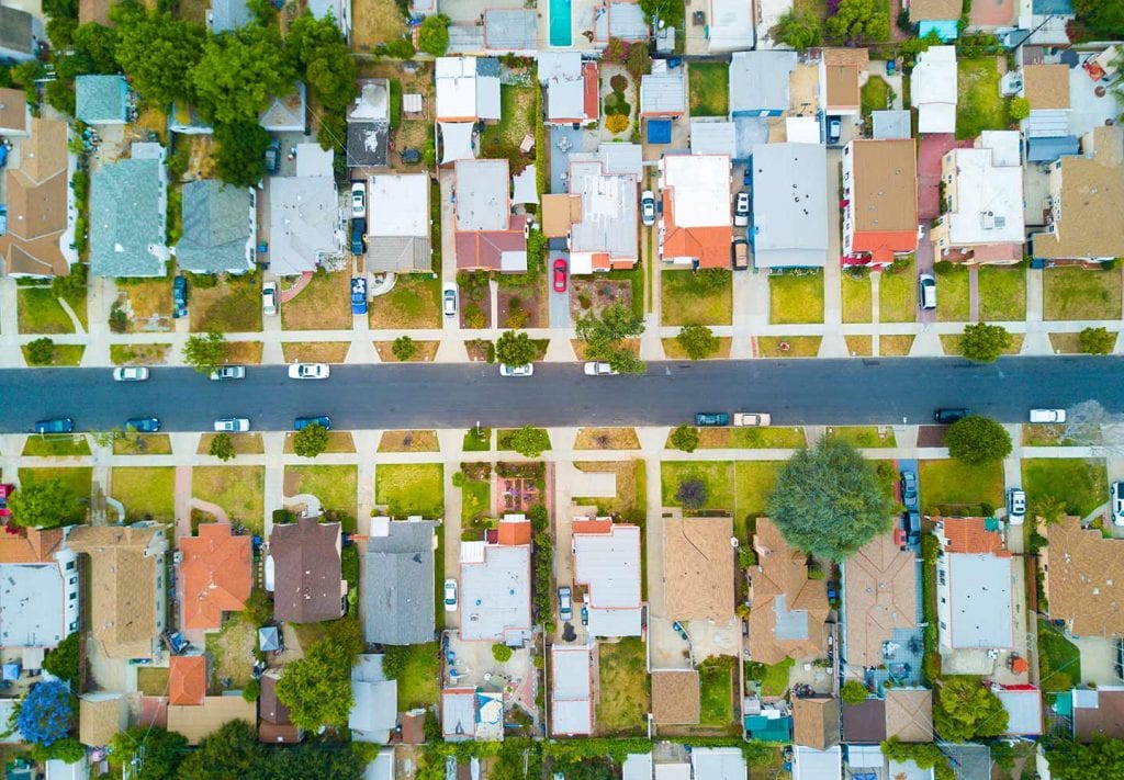 Aerial view of a typical L.A. subdivision with single-story, ranch-style homes