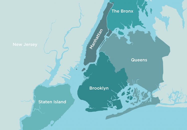 A simple blue-themed map of the 5 boroughs of NYC. 