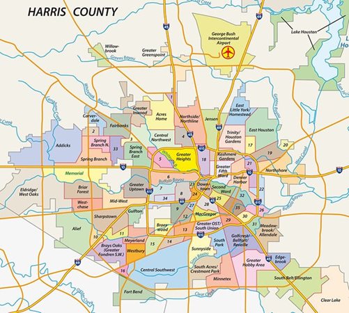 A map of the city of Houston. The different neighborhoods are different colors.