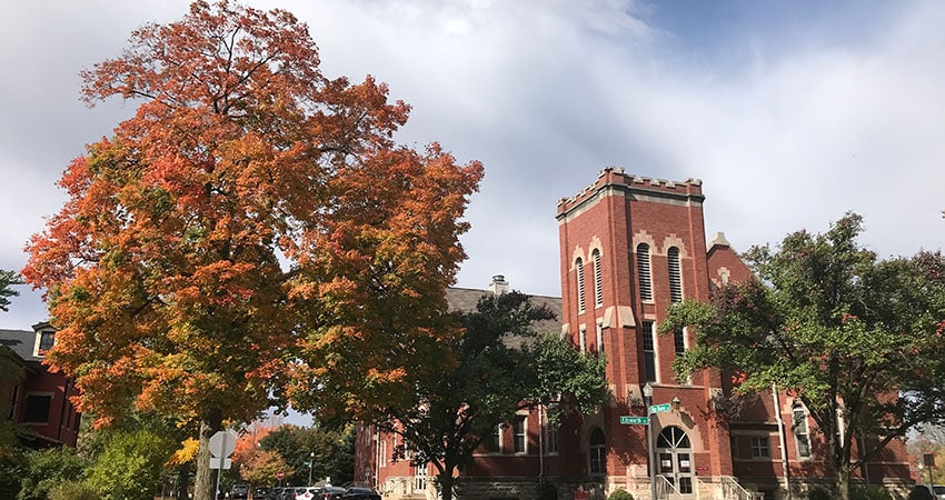 Downtown Naperville includes old brick buildings that look especially beautiful in autumn.
