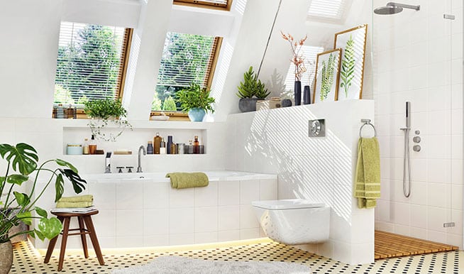 A naturally lit bathroom with a doorless, frameless walk-in shower tucked in the corner