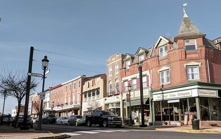 Street-level view of historic Mill Street in Bristol Borough of Levittown, Pennsylvania.