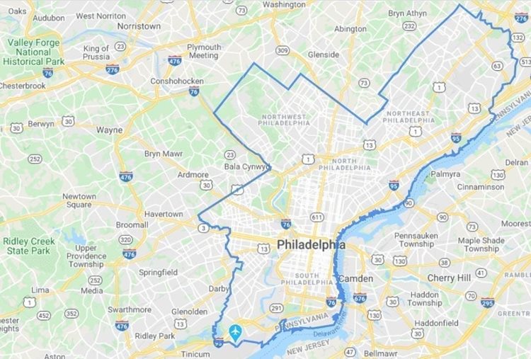 A Google map showing the city boundaries of Philadelphia, Pennsylvania.