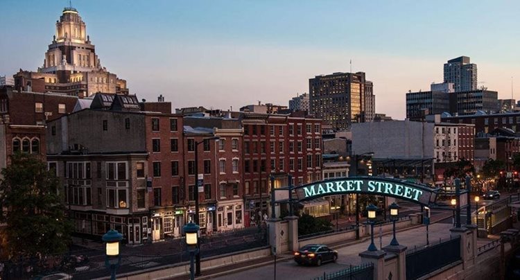 Aerial view of Market Street in Old City, Philadelphia, at dusk.