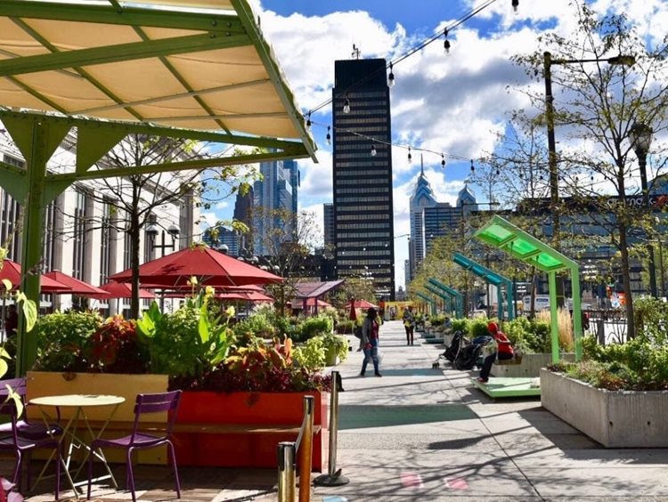 View of The Porch at 30th Street Station in Philadelphia’s University City on a sunny summer day.