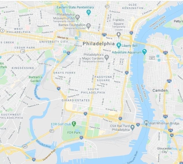 A map of Philadelphia showing the roads and river, from Google Maps.