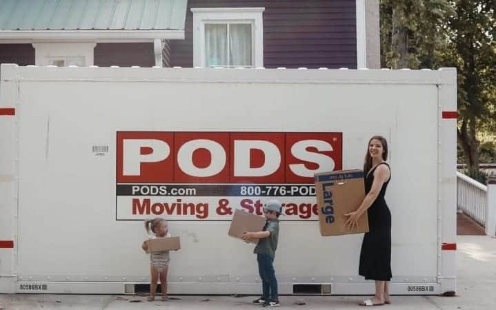 woman and kids moving with a PODS container